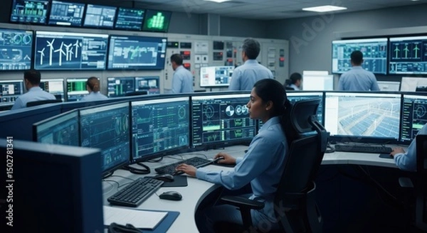 Fototapeta Control room for energy grid monitoring and management shows advanced technology operation