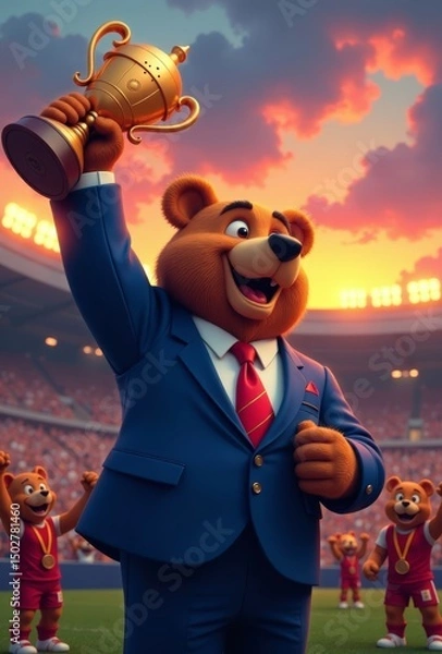 Fototapeta An anthropomorphic bear in a sleek suit, holding a golden trophy, surrounded by a cheering crowd in a stadium with a cityscape and sunset backdrop