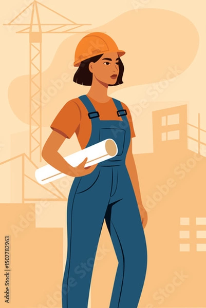 Obraz Vector illustration of woman in civil engineer profession wearing hard hat, holding blueprints. Labor day. Women's power and participation in technical professions. Gender equality, empowerment