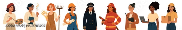 Obraz Vector illustration of woman of different professions, labor day. Professions of strong women, artist, doctor, laboratory assistant, farmer, builder, firefighter, pilot, teacher, programmer, courier