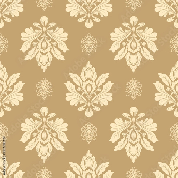 Fototapeta seamless damask pattern with cream abstract floral and brown background, vintage design, vector illustration elegant for textile, bedding, curtains, cushion cover, rug, wrapping, upholstery fabric
