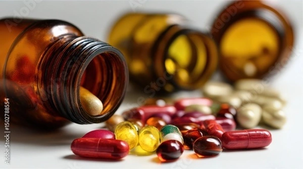 Fototapeta Medicine and healthcare concept photo with open pill bottles spilling assorted capsules onto a white surface.