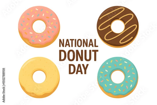Obraz Colorful donuts arranged playfully, vibrant pastel hues, celebration theme, perfect for social media posts or events. Isolated on white background or PNG
