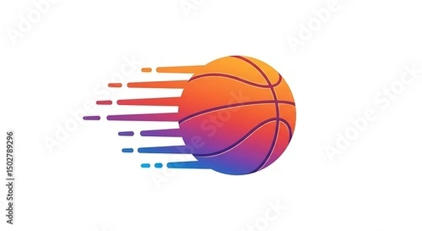 Fototapeta A vector graphic of a colorful basket ball bouncing with dynamic motion lines, centered on a white background
