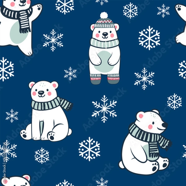 Fototapeta Christmas seamless pattern, Polar bear and snowflackes, pintree. Cute cartoon character for holiday wrapping paper. Vector pattern for kids.