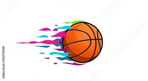 Obraz A vector graphic of a colorful basket ball bouncing with dynamic motion lines, centered on a white background
