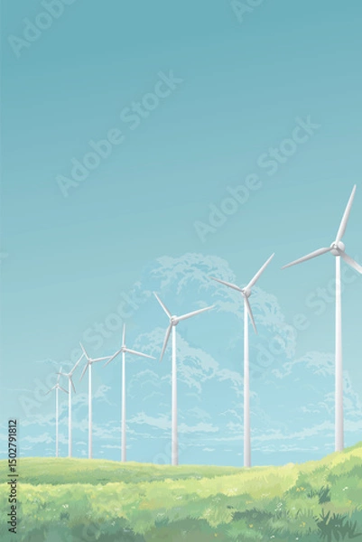 Obraz Wind turbines on the hill in countryside landscape with blue sky vertical background graphic illustration. Sustainable renewable green energy concept have blank space.