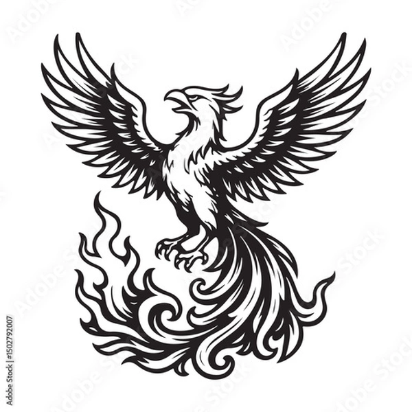 Obraz phoneix with wings flying in tattoo style vector silhouette illustration