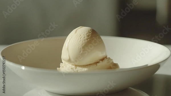 Fototapeta A scoop of vanilla ice cream in a white bowl
