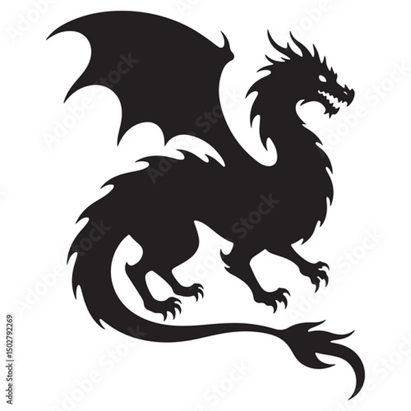 Obraz Black and white dragon vector illustration with fantasy and heraldic animal design