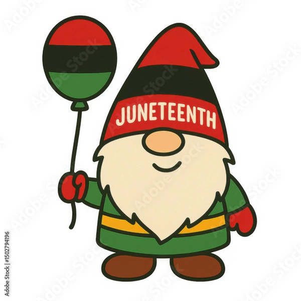 Obraz Cheerful gnome holding colored balloon, cartoon character in festive attire, perfect for celebratory themes or decoration. Isolated on white background or PNG