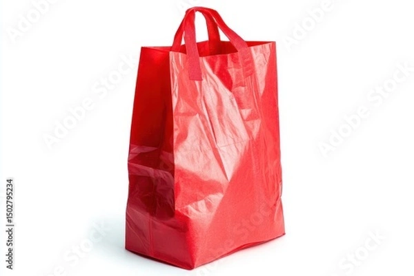Fototapeta A vibrant red reusable shopping bag stands upright on white background
