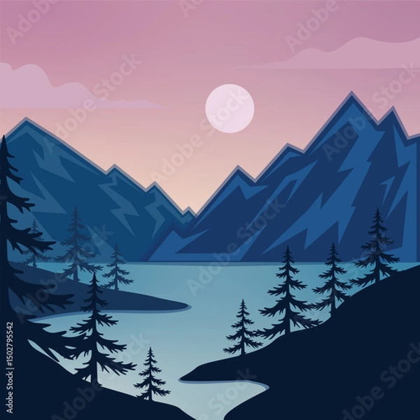 Obraz mountain and lake landscaped vector illustration template graphic design .  forest river and nature view sign or symbol for adventure and wanderlust travel business