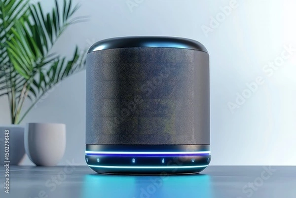 Obraz Modern smart speaker with touch controls and led indicator, featuring sleek black design and multi-function buttons for voice assistant and connectivity
