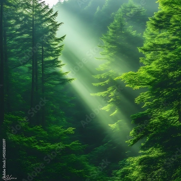 Fototapeta Sunlight piercing through a dense green forest.