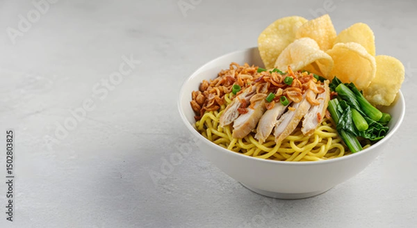 Fototapeta Delicious Chicken Noodle Soup with Crispy Crackers and Bok Choy