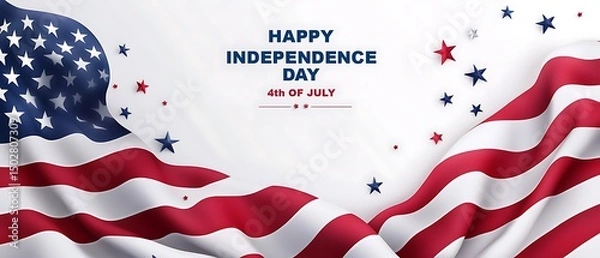 Fototapeta Realistic 4th of July background with red white and blue waving American flag and stars celebrating Independence Day on clean white backdrop