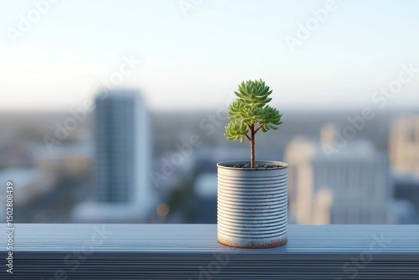 Obraz Small plant growing in a recycled can on a terrace overlooking cityscape, copy space