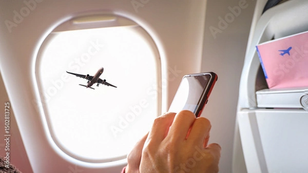 Fototapeta Sunset sky view from the airplane window  with man hand with smart phone