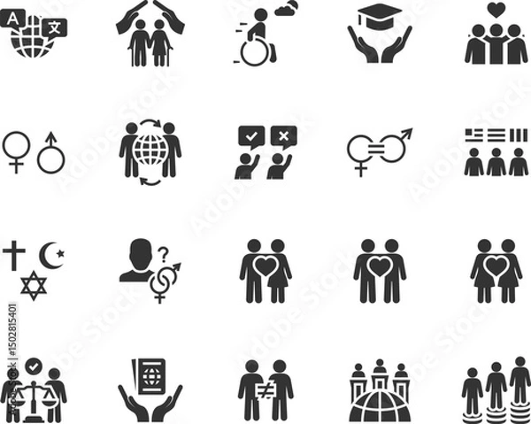 Fototapeta Vector set of diversity flat icons. Contains icons tolerance, gender equality, religion, language, human rights, multicultural, nationality, gender identity, inequality and more. Pixel perfect.