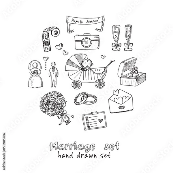 Fototapeta Marriage hand drawn doodle set. Vector illustration. Isolated elements on white background. Symbol collection.