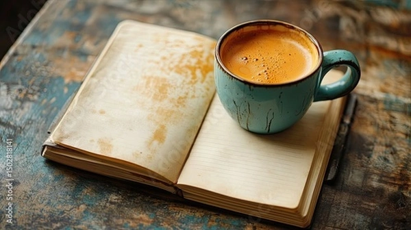 Fototapeta Coffee ring on notebook with stained paper casual tone and real-life imperfection ideal for lifestyle or work themes