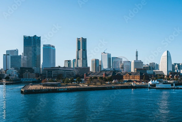 Obraz 【神奈川県】快晴の横浜みなとみらい全景と赤レンガ倉庫