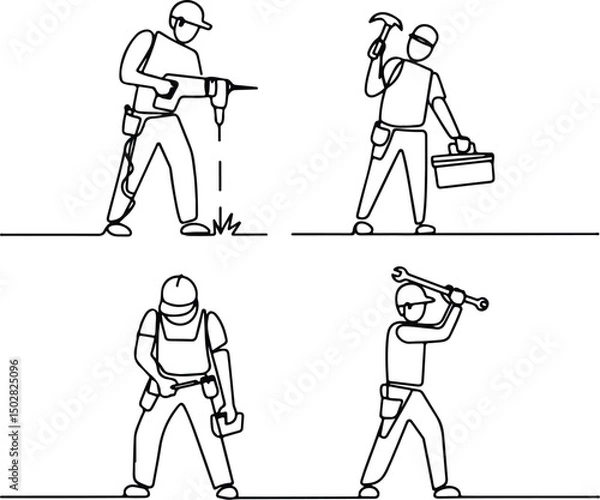 Fototapeta Construction Workers Silhouette Set – Builder, Engineer, Labor Vector Pack Silhouettes of Construction Men at Work – Industrial Worker Graphic Set