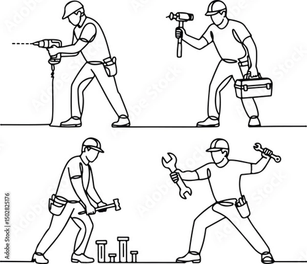 Fototapeta Construction Workers Silhouette Set – Builder, Engineer, Labor Vector Pack Silhouettes of Construction Men at Work – Industrial Worker Graphic Set