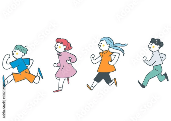 Fototapeta 元気に走る小学生たち　セットのストックイラスト素材
