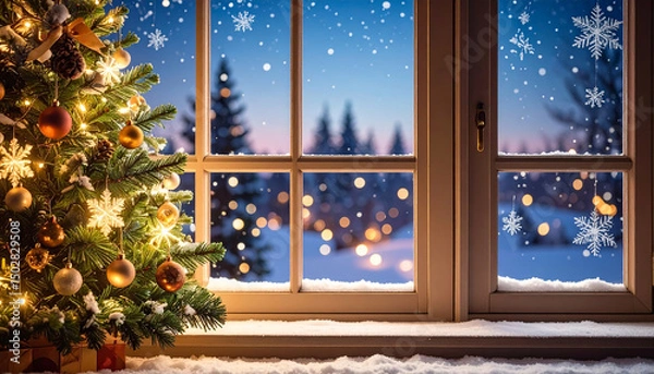 Fototapeta An AI generated image of Christmas background with fir tree, lights and snowflakes on window