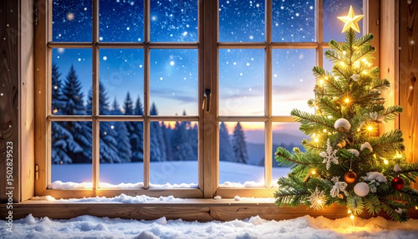 Fototapeta An AI generated image of Christmas background with fir tree, lights and snowflakes on window