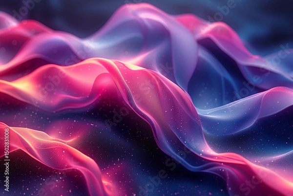 Fototapeta Ethereal Pink, Purple & Blue Luminous Waves with Sparkling Particles | Abstract Flowing Fabric, Futuristic Light, Dreamy Design. generative ai