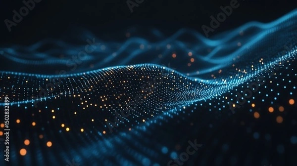 Fototapeta Abstract digital data wave with glowing blue and orange particles on dark background