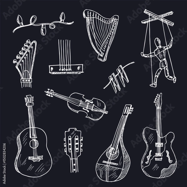 Fototapeta String hand drawn doodle set. Isolated elements on white background. Symbol collection.