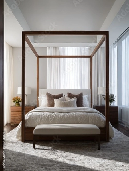 Fototapeta A modern bedroom suite with a four-poster bed.