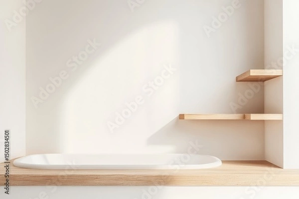 Fototapeta Minimalist bathroom with wooden shelves and bathtub. Sunlight streams in