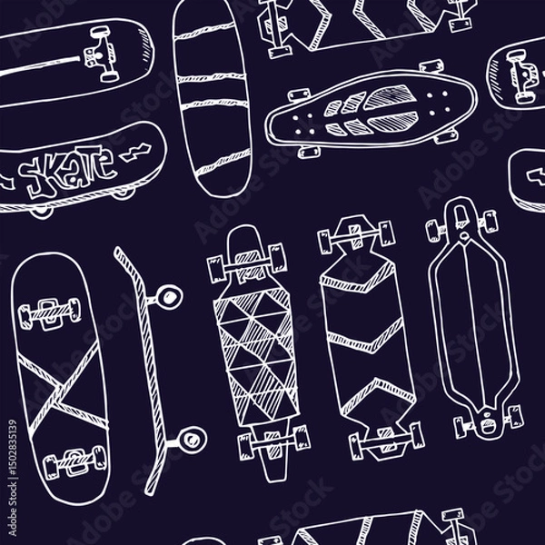 Fototapeta Skateboard hand drawn doodle seamless pattern. Isolated elements on white background. Symbol collection.
