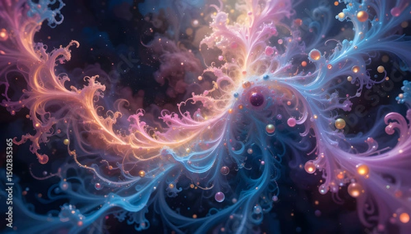 Fototapeta Title: Vibrant Cosmic Nebula with Swirling Colors and Floating Spheres