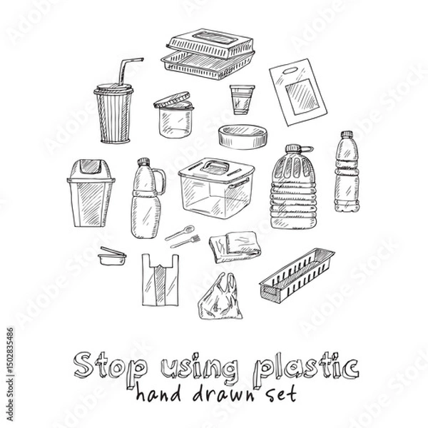 Fototapeta Stop using plastic hand drawn doodle set. Vector illustration. Isolated elements on white background. Symbol collection.