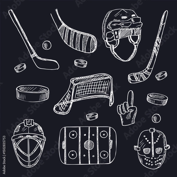 Fototapeta Puck hand drawn doodle set. Vector illustration. Isolated elements on white background. Symbol collection.