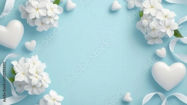 Fototapeta White flowers and hearts arranged on a soft blue background.