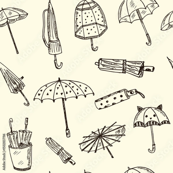 Fototapeta Umbrella hand drawn doodle seamless pattern. Isolated elements on white background. Symbol collection.