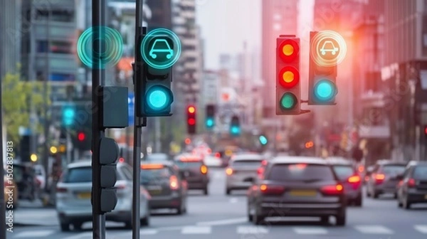 Fototapeta Smart Traffic Lights: Autonomous Vehicle Integration in Urban Environments
