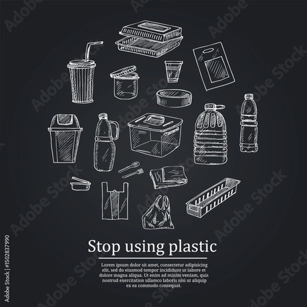 Fototapeta Stop using plastic hand drawn doodle set. Vector illustration. Isolated elements on white background. Symbol collection.