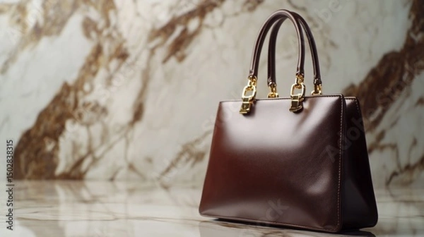 Obraz Elegant Brown Leather Handbag on Marble Background