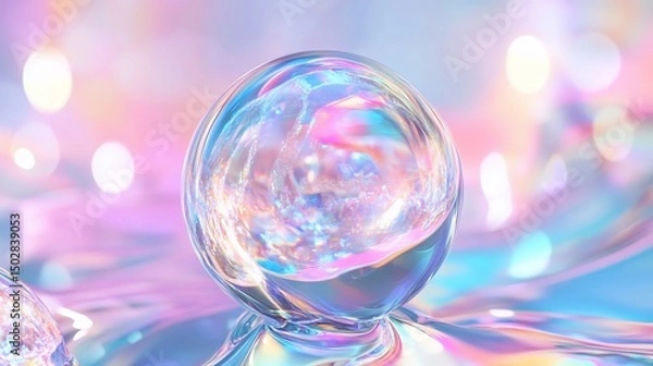 Fototapeta Iridescent Orb on Pastel Liquid Surface: Abstract 3D Render