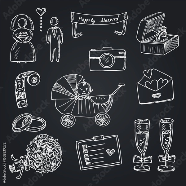 Fototapeta Marriage hand drawn doodle set. Vector illustration. Isolated elements on white background. Symbol collection.
