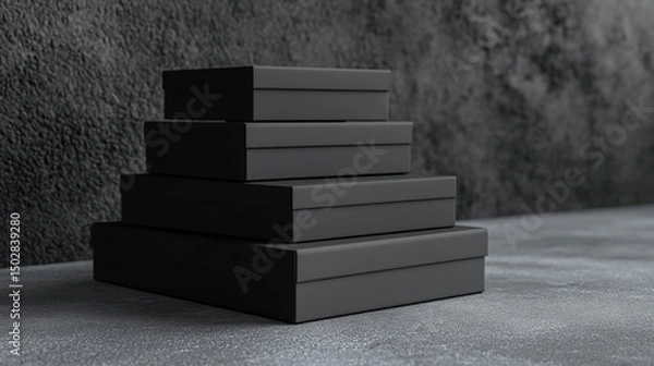 Fototapeta Stack of Elegant Black Gift Boxes on Dark Background