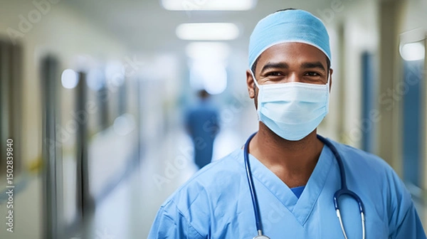 Obraz Healthcare worker smiling under a mask in a hospital corridor with soft lighting